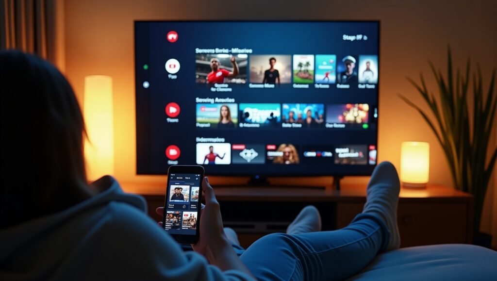 Person using a phone to navigate IPTV content on a TV screen.