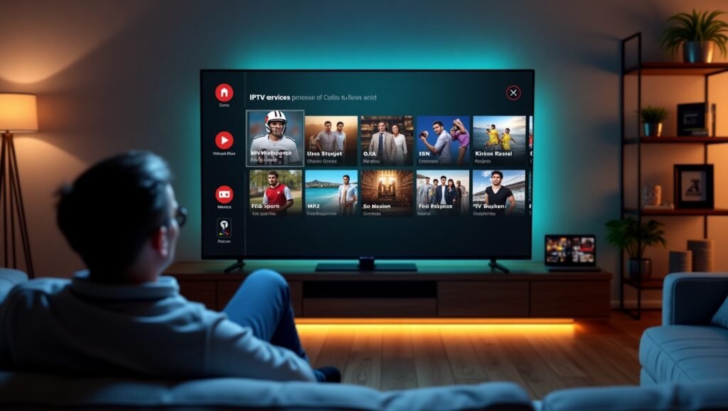 Person watching IPTV with various channel options displayed on TV.