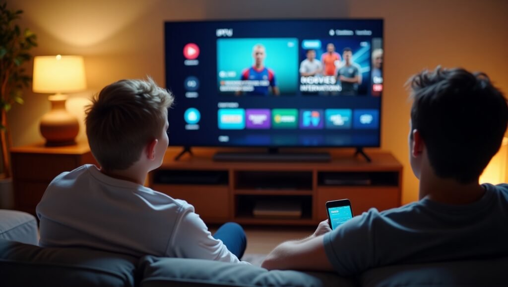 Two people enjoying IPTV streaming with a TV and mobile device.