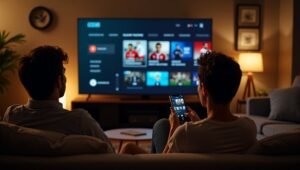 Two people watching IPTV on TV while using a smartphone for control.