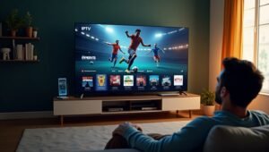 Person watching IPTV on a TV with a football match displayed on screen.